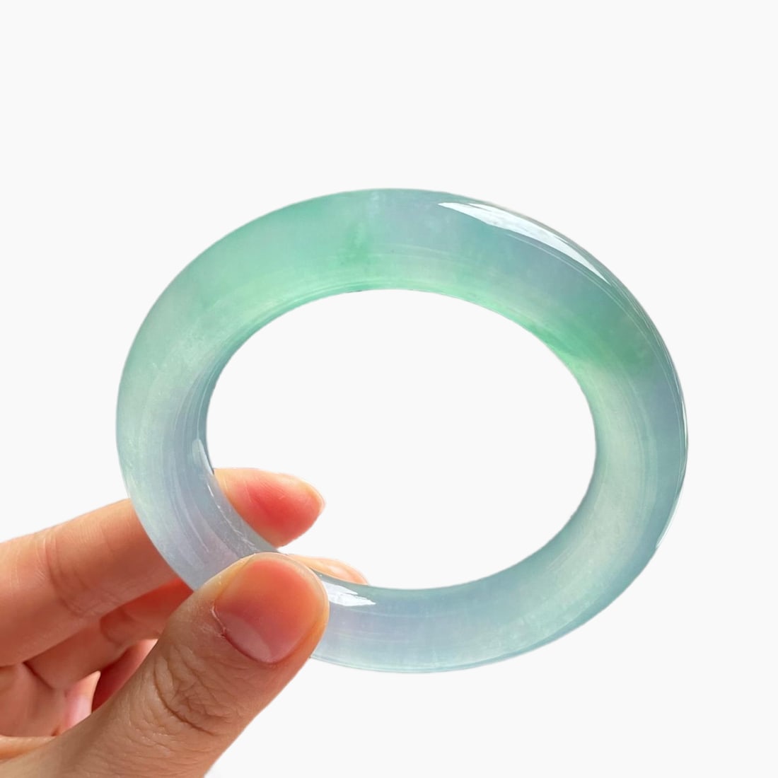Burmese jadeite bangle, high-grade icy jadeite, light blue with floating green, round shape, (1 of 11)