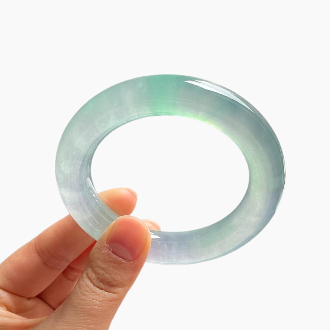 Burmese jadeite bangle, high-quality icy texture, light blue and light green, perfectly round shape. (1 of 10)