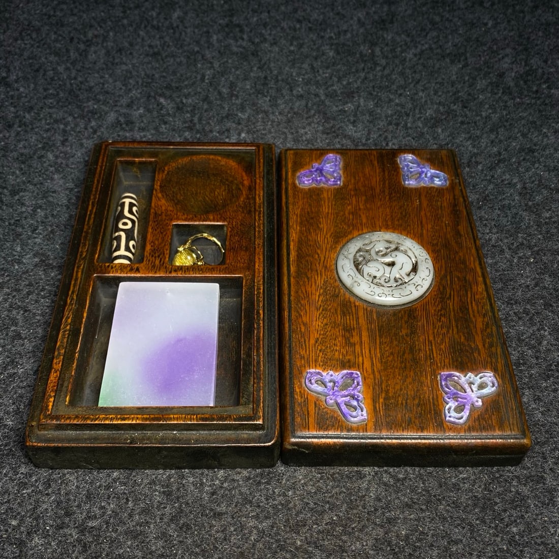 The rosewood jewelry box inlaid with jade contains agate dzi beads, gemstone rings, and jade (1 of 13)