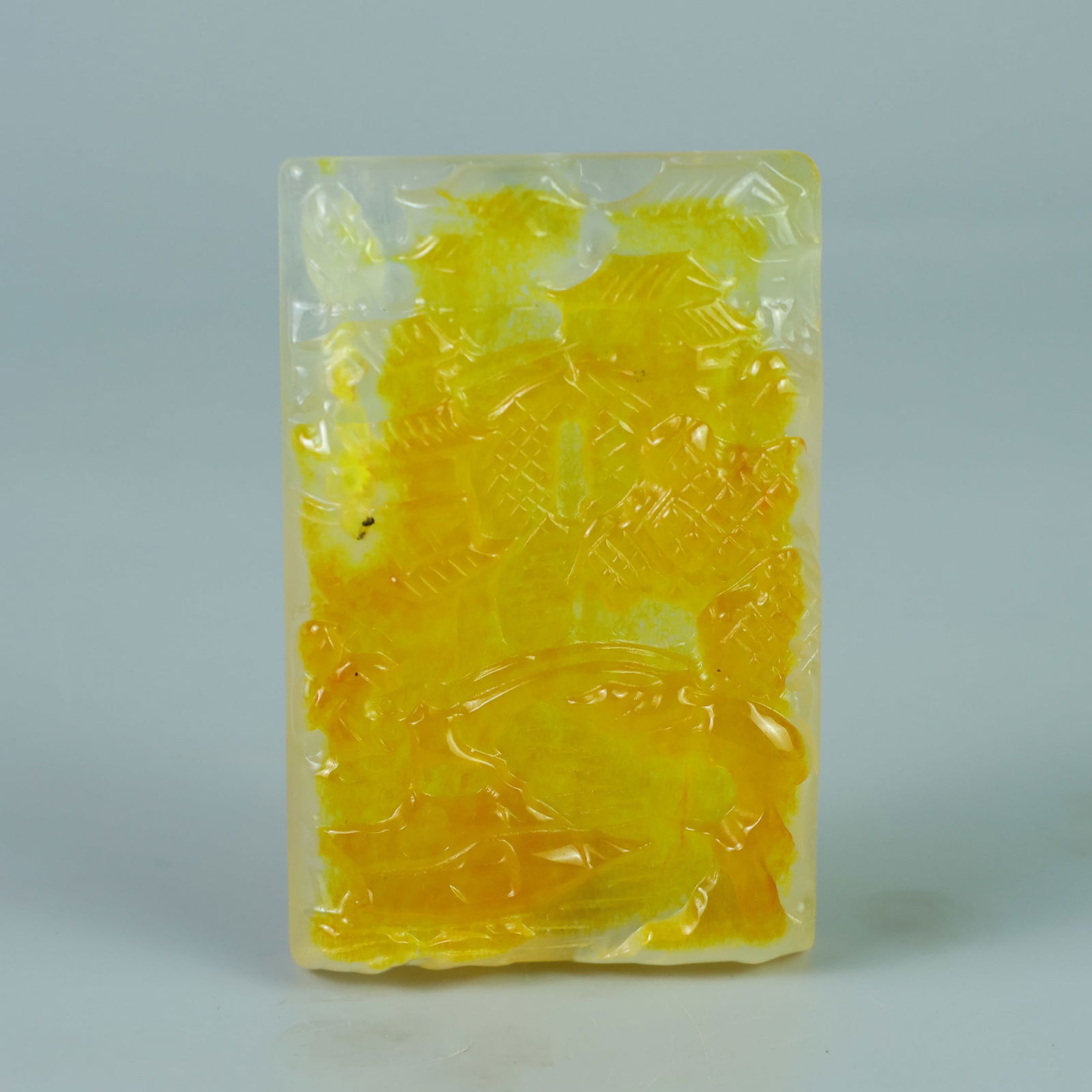 Perfectly crafted high-quality ice-crystal carving Landscape Plaque: This exquisitely carved landscape plaque is made of high-grade icy jadeite. The base is pure, rich, clean, and translucent with a strong fluorescent effect and excellent rigidity. It is a true icy,