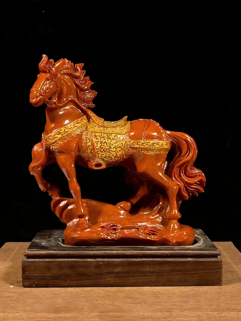 Shoushan Stone "Horse Arrives at Success" Ornament: A finely collected Shoushan stone "Horse Reaching Success" ornament, measuring 19 x 15 cm and weighing 1042 g. Provenance:Private collection, Madrid, Spain. Our cooperative logistics services provider