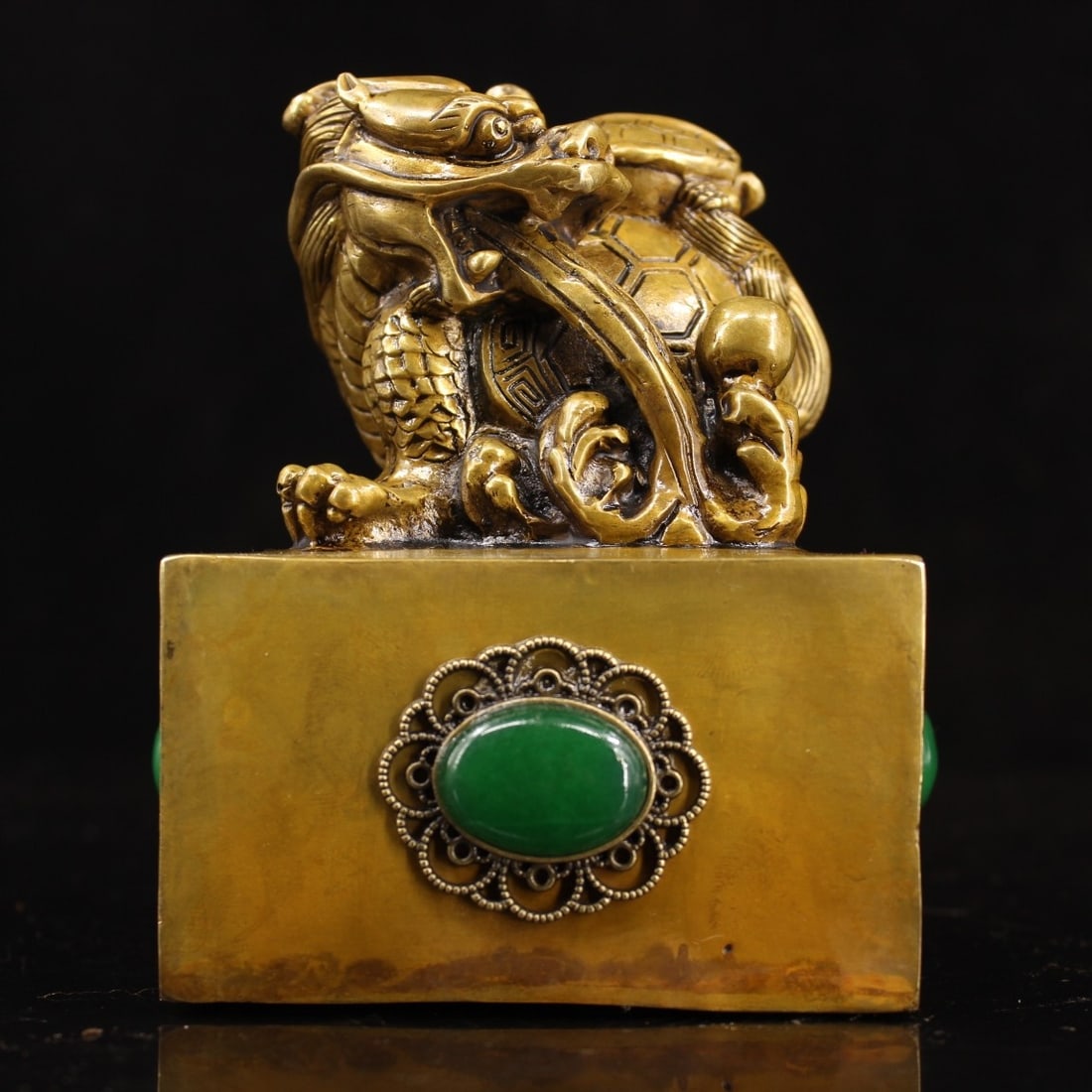 Old pure copper, handcrafted, gem-encrusted dragon turtle seal.: This is a rare, handcrafted antique pure copper dragon turtle seal inlaid with gemstones. It weighs 1874g, is 12cm high, and 9.5cm wide. Provenance:Private collection, Amsterdam, the Netherlands. Our