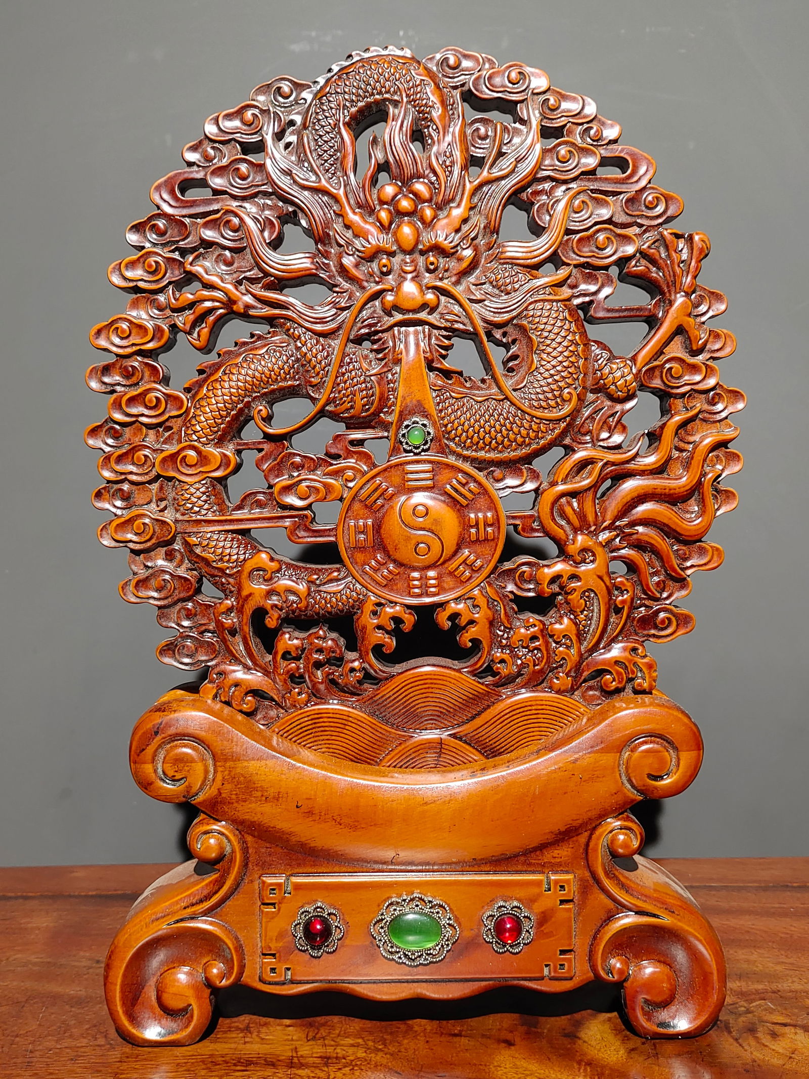 Old boxwood, hand-carved openwork "Dragon Playing with a Pearl" two-piece screen ornament. (1 of 9)