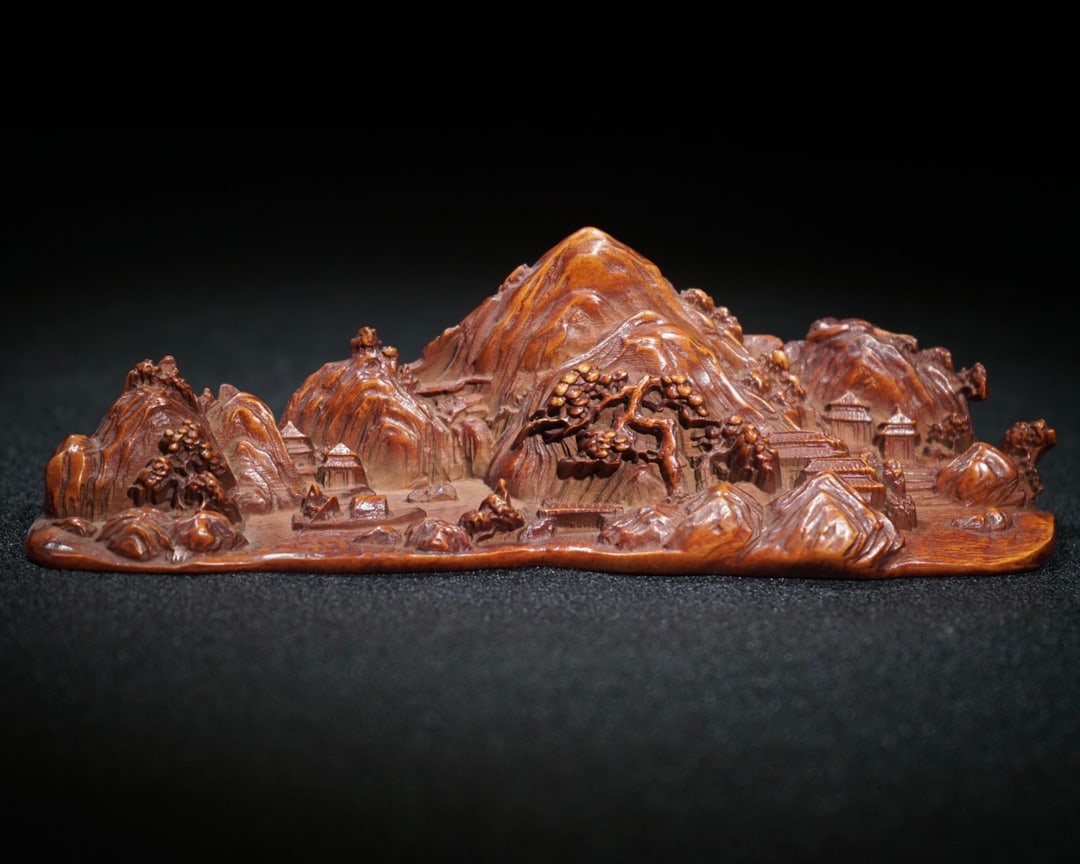 An old boxwood brush holder with exquisitely carved landscape design (1 of 9)