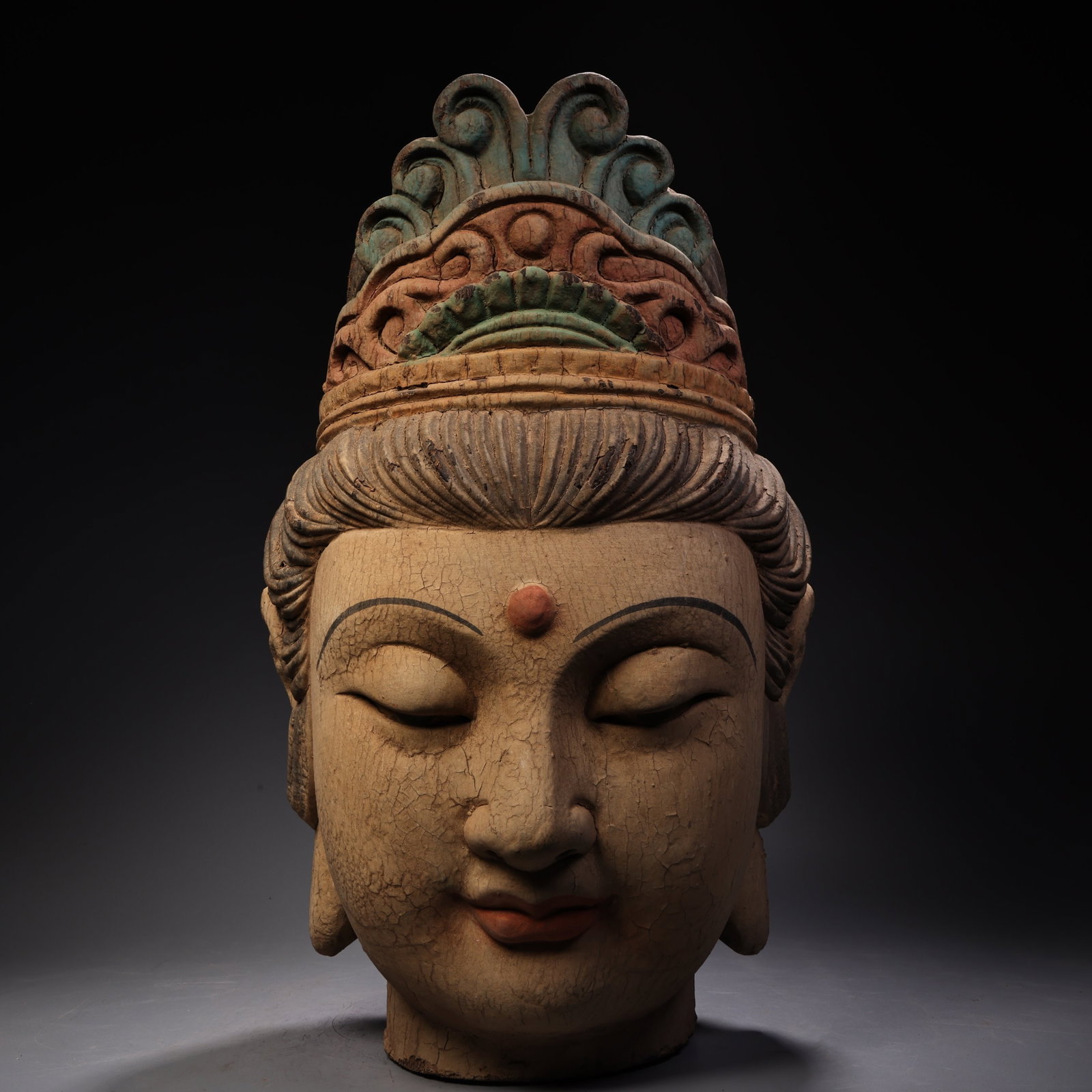 Rare antique temple collection, painted camphor wood carving of Guanyin Bodhisattva head (1 of 12)