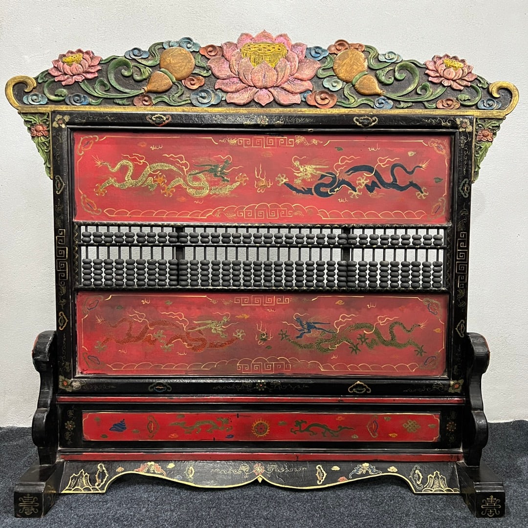 Old Collection Wooden Lacquerware Painted Double Dragons Playing with a Pearl Abacus Screen (1 of 10)