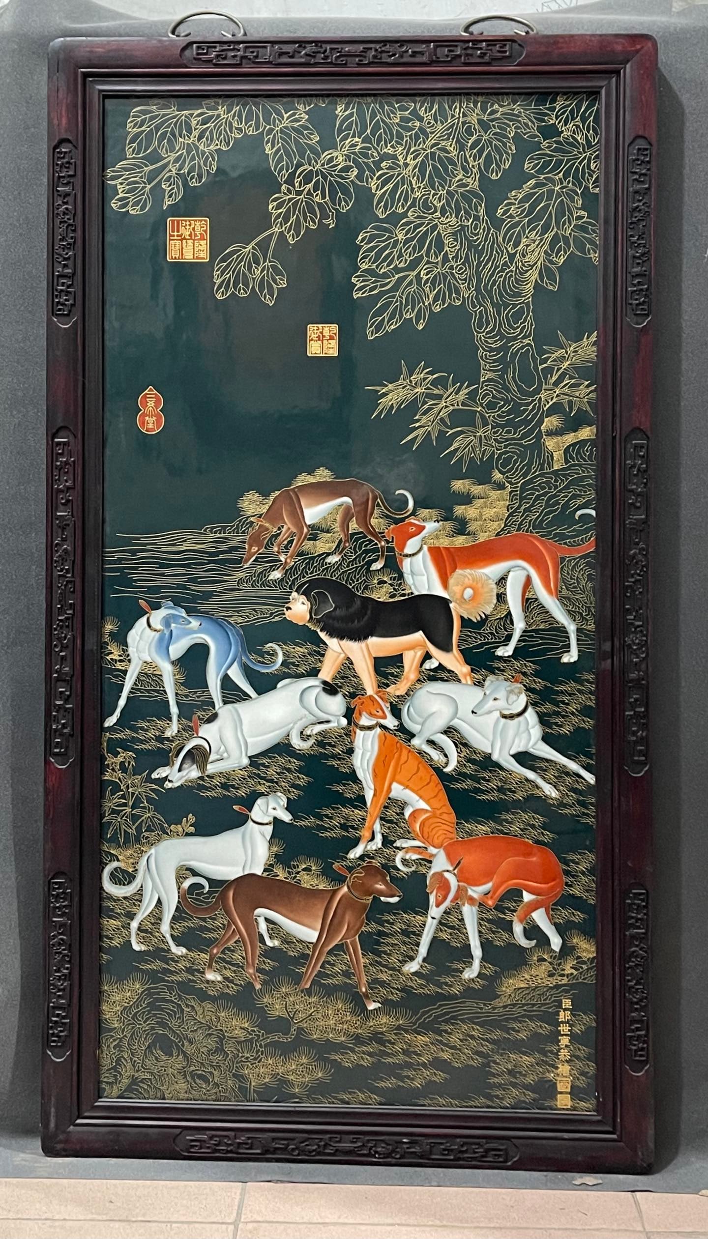 Respectfully painted by your subject, Lang Shining! A vertical hanging screen with a rosewood carved (1 of 9)