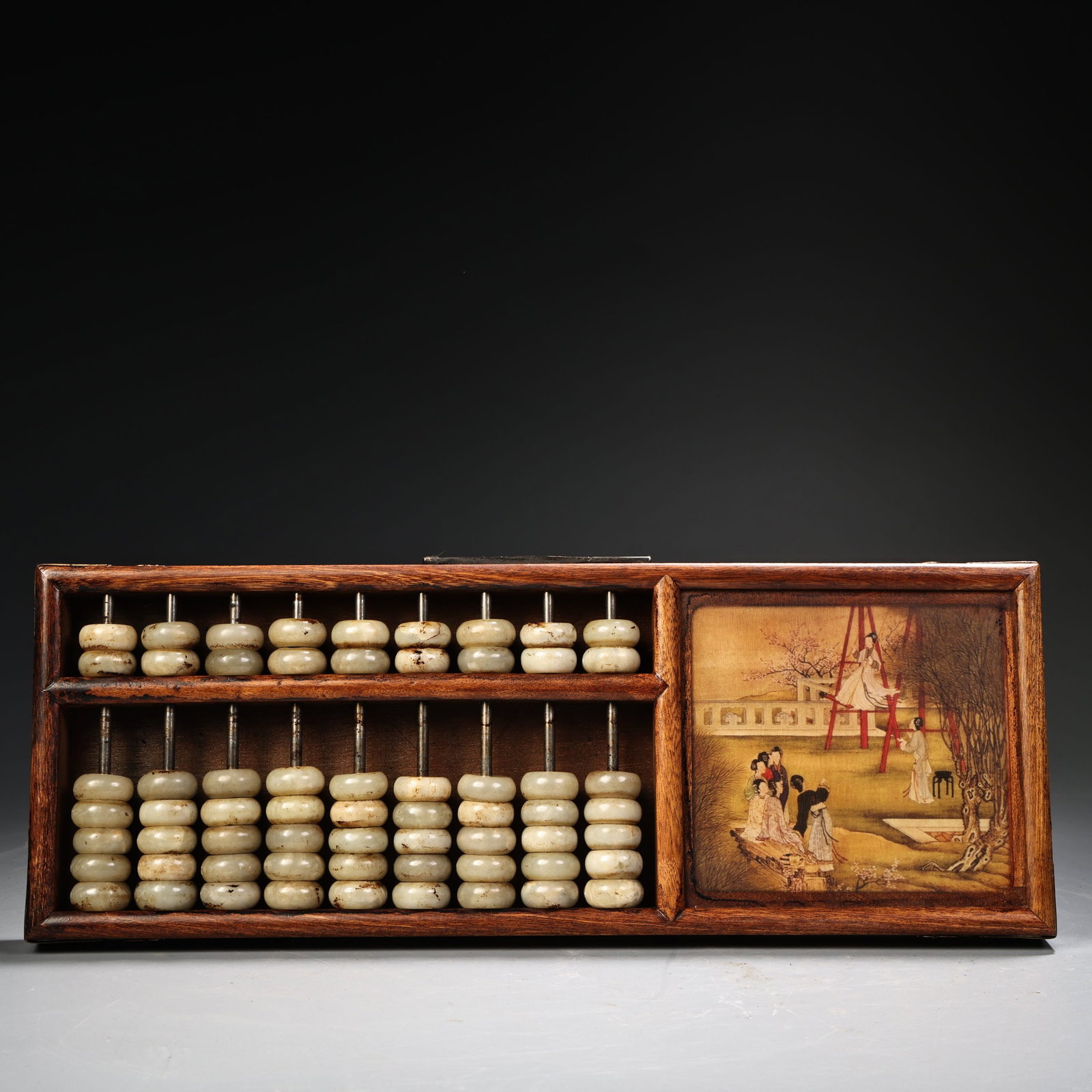Rare antique collection: Rosewood and white jade abacus: Rare antique rosewood abacus with white jade beads, exquisite craftsmanship and beautiful design, weighing 850 grams, 12 cm high and 34 cm wide. Provenance:An old private collection in Scotland, Unite