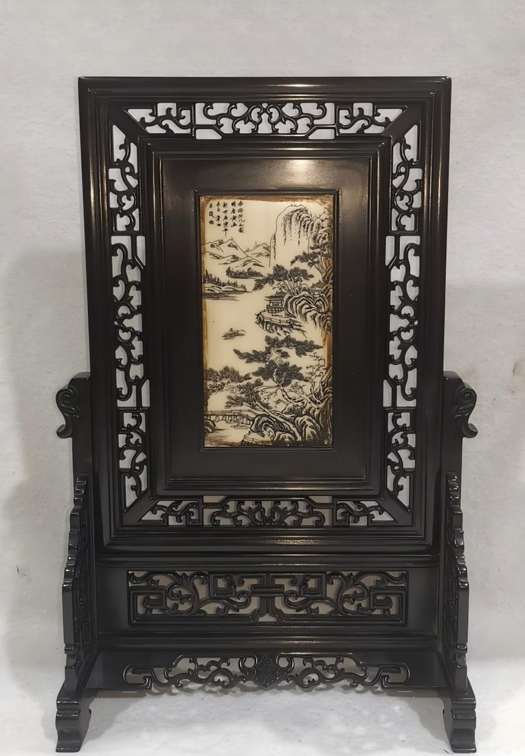 Rare ebony screen inlaid with imitation ivory (panel screen) (1 of 8)