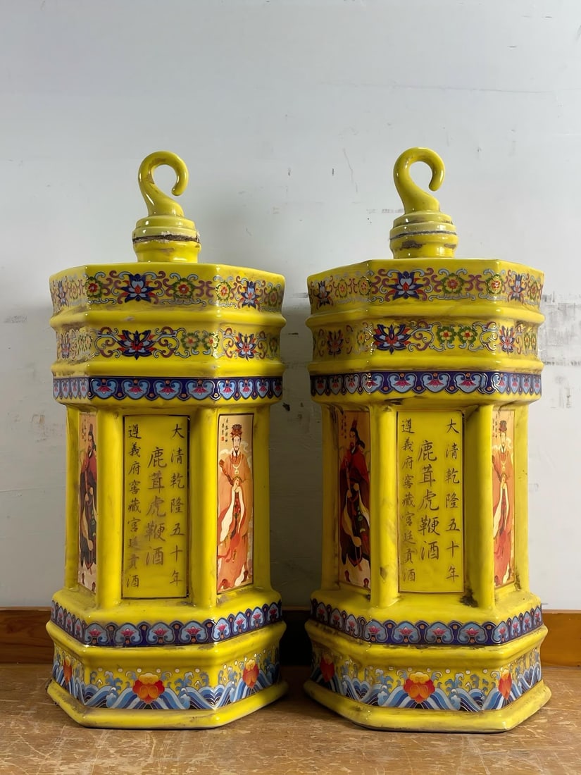 A pair of collectible Five Gods of Wealth bottles containing deer antler and tiger penis wine (1 of 9)