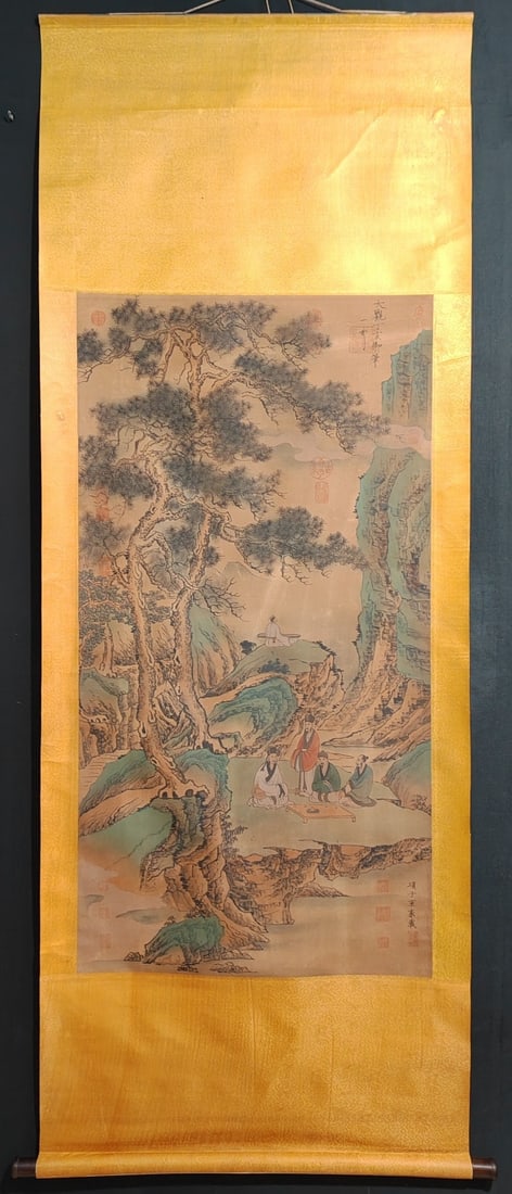 Zhao Ji's landscape: Handmade four-foot hanging scroll painting by Emperor Huizong of Tang (Zhao Ji), featuring a landscape with one subject and one image. Actual product photographed. Material: Silk. Mounting dimensions: