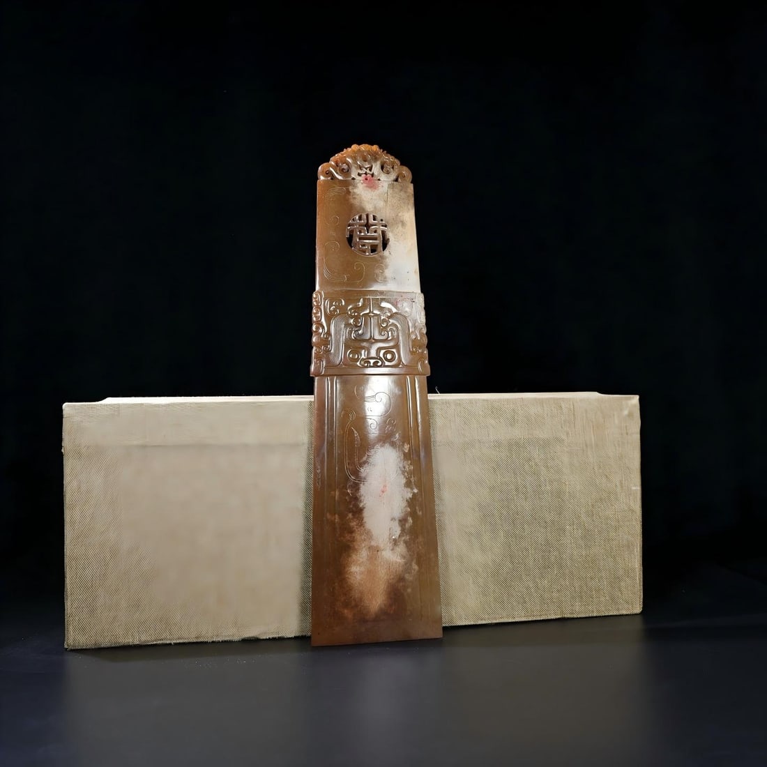 Exquisite antique, Hetian jade scepter with full patina from burial site.: A finely crafted, antique Hetian jade scepter, unearthed and fully patinated, with a thick, deep patina and exquisite craftsmanship, showcasing sharp carving techniques. A rare and exceptional piece