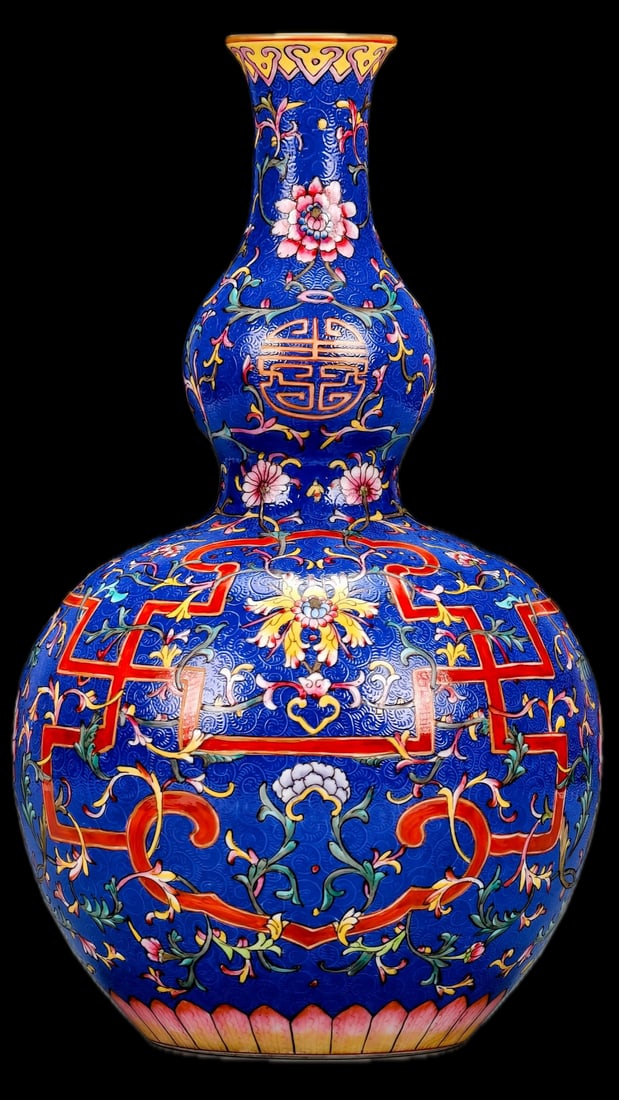 gourd-shaped vase with a blue background and full enamel decoration of flowers and longevity (1 of 9)