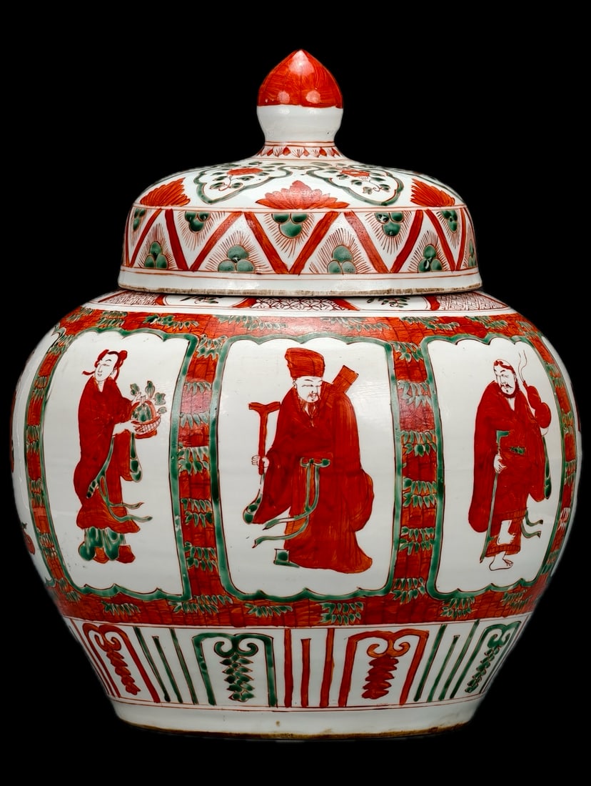 A covered jar with eight windows and figures of the Eight Immortals, decorated with iron-red and (1 of 9)