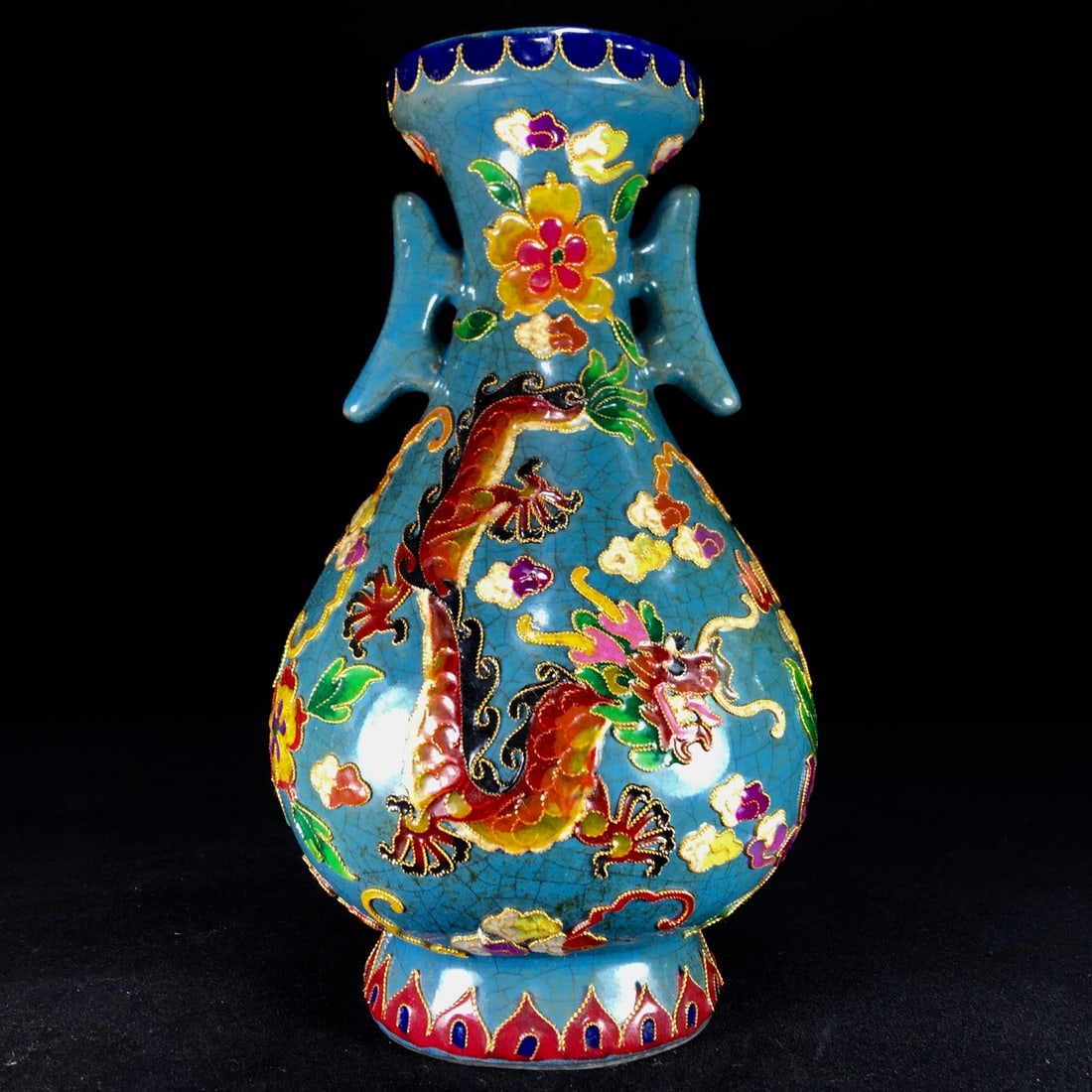 A Song Dynasty official kiln cloisonne enamel double-eared vase with a rich, aged patina. (1 of 9)