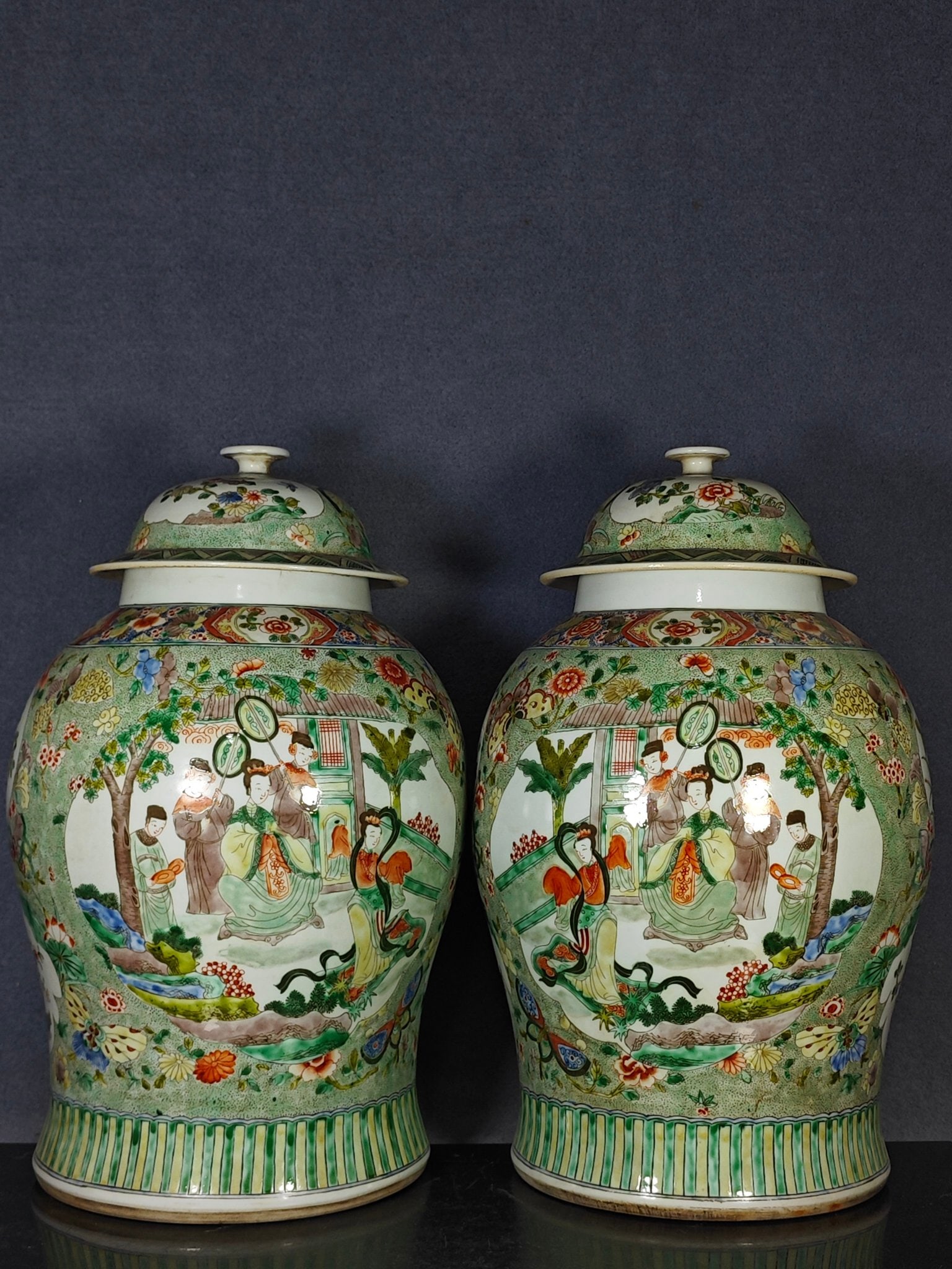 A pair of high-grade polychrome jars depicting figures and stories, made during the Kangxi period of (1 of 9)