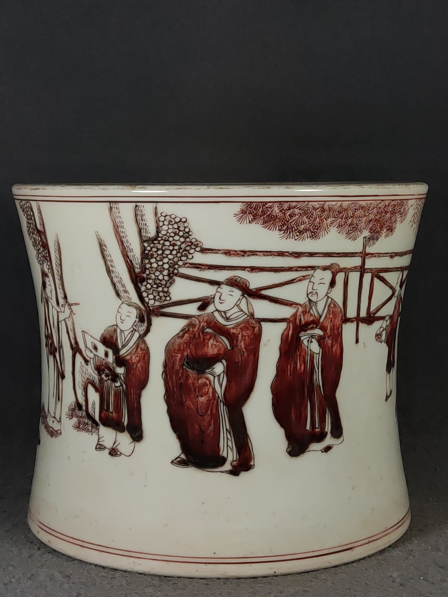 Large underglaze red brush holder depicting the Seven Sages of the Bamboo Grove, made during the (1 of 7)