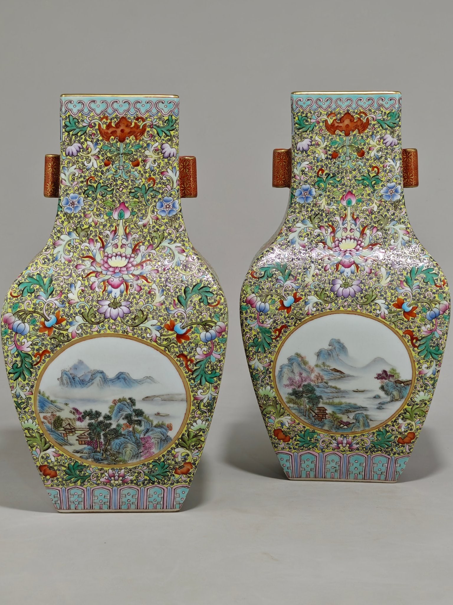 famille rose vase with lotus scroll and landscape design, bearing the mark of the Qianlong reign of (1 of 9)