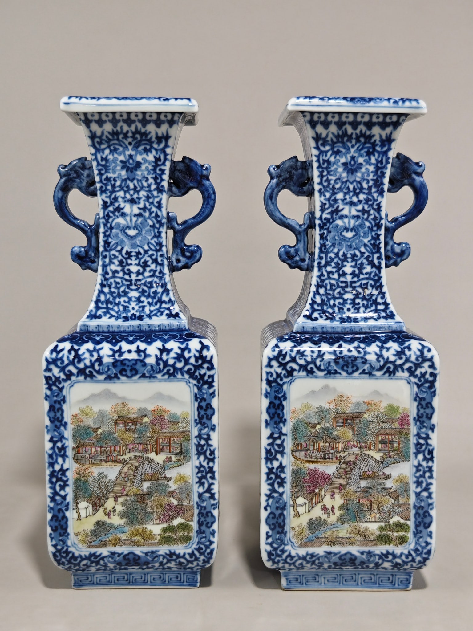 Blue and white porcelain vase with lotus scroll design and Qingming Scroll painting (marked "Made in (1 of 9)