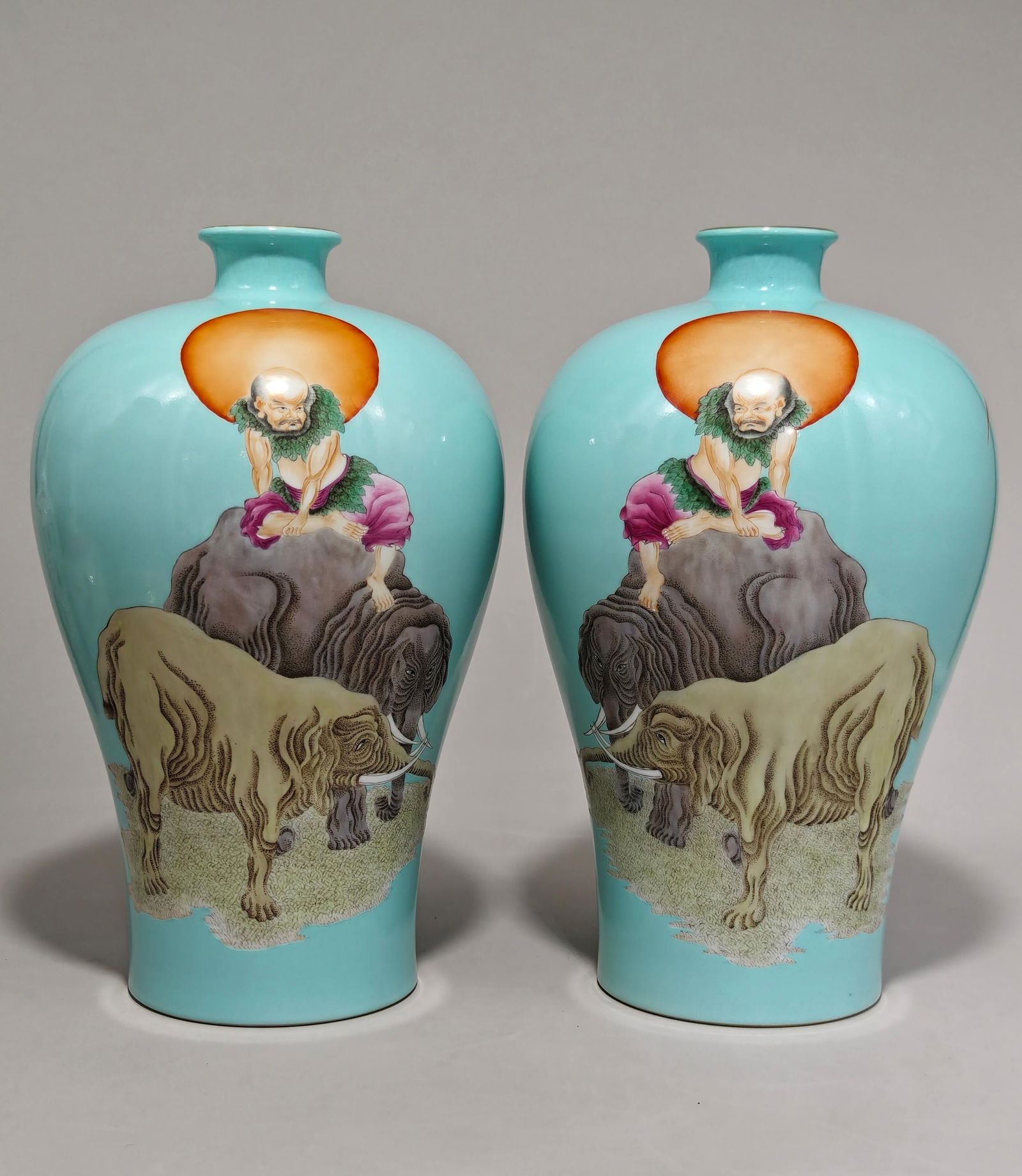 famille rose plum vase with a design of elephants symbolizing peace and prosperity, made during the (1 of 9)