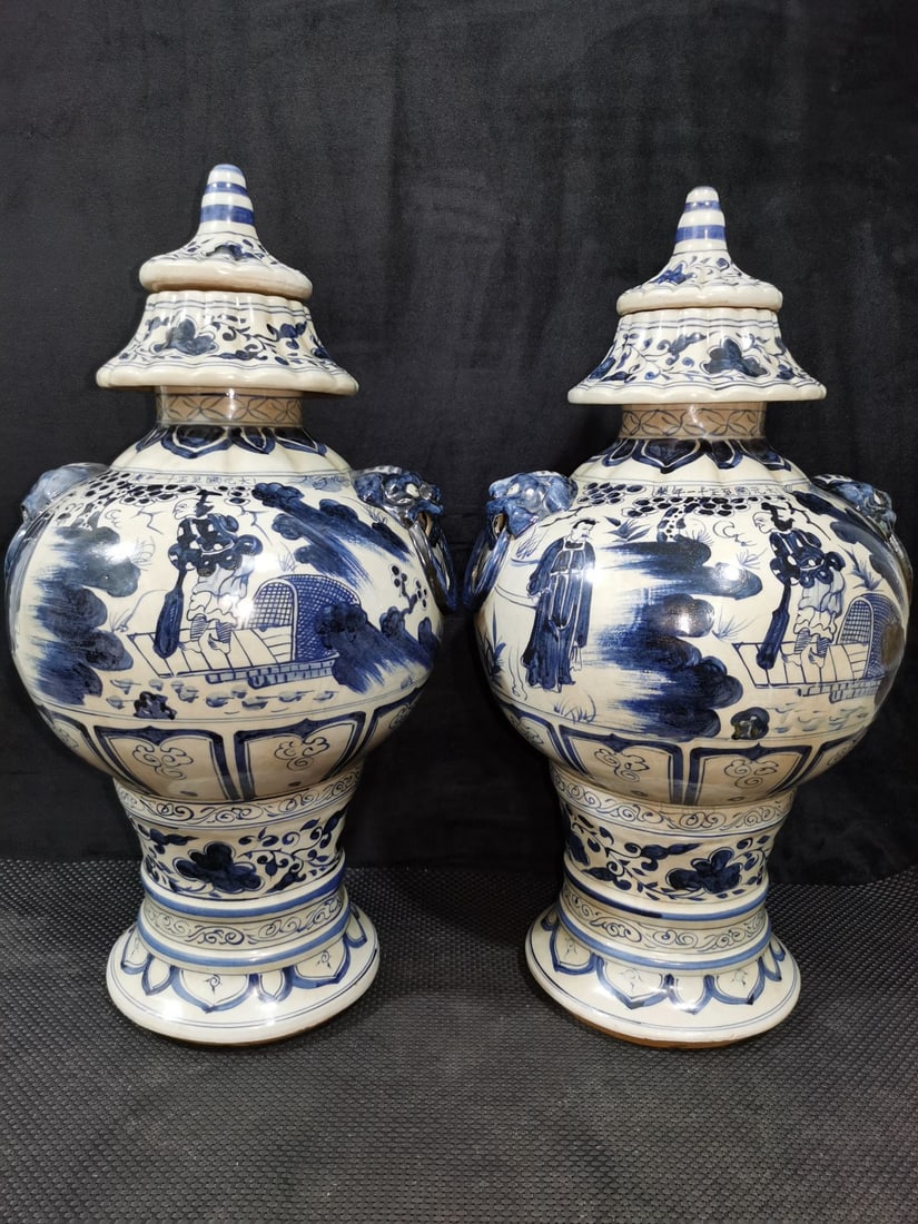 A hand-painted blue and white porcelain pagoda jar depicting Xiao He chasing Han Xin, made in the: A hand-painted blue and white porcelain pagoda jar depicting Xiao He chasing Han Xin, made in the eleventh year of the Zhizheng era of the Yuan Dynasty. Provenance:From an old private estate in Paris,