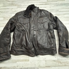 Men’s Real Leather Brown Motorcycle Jacket – Zip Pockets & Quilted Lining, Size XL