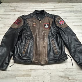 Two-Tone Leather Motorcycle Jacket w/ Harley-Davidson & Custom Patches – Size XL