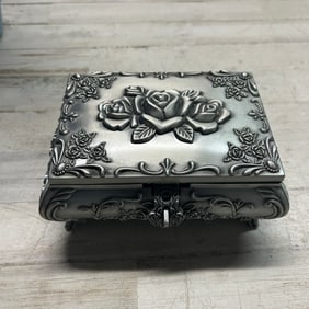 Ornate Silver-Tone Floral Jewelry Casket Box with Velvet Interior