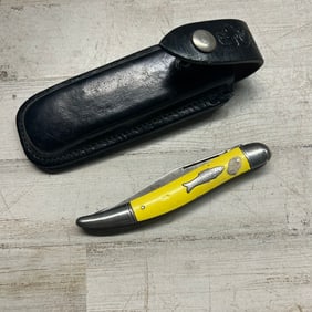 Imperial Folding Pocket Knife with Yellow Fish-Scale Handle and Leather Sheath