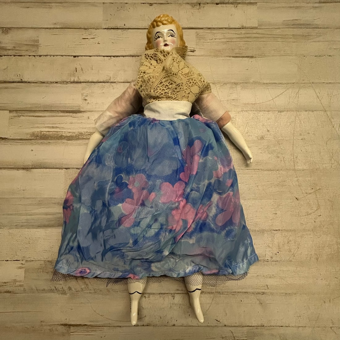 Vintage Porcelain Half Doll with Cloth Body and Floral Dress (1 of 8)