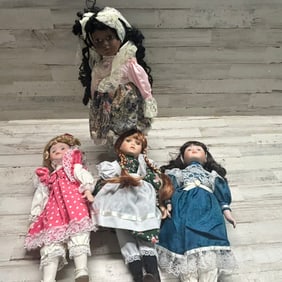 Group of Four Vintage-Style Porcelain & Collector Dolls in Period Costumes