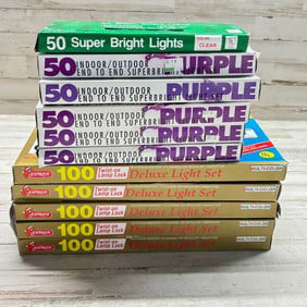 Large assorted lot of Christmas light sets including indoor/outdoor end-to-end super bright lights