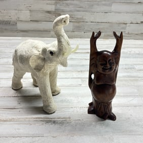 Carved Wood Happy Buddha Figure & Textured Elephant Sculpture Pair, Asian Décor