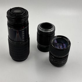 Three Vintage Camera Lenses Including Takumar Zoom and Access P-MC Macro Zoom