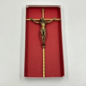 Framed Brass Crucifix with Corpus on Red Felt Backing