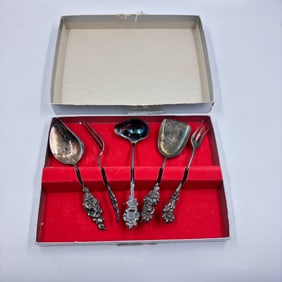 Ornate Silverplate Serving Utensil Set with Floral Handles in Presentation Box