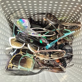 Large Assorted Lot of Fashion Sunglasses & Eyeglasses Frames in Plastic Basket