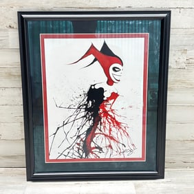 Framed Harley Quinn Abstract Art Print with Signature, Red & Black Ink Style