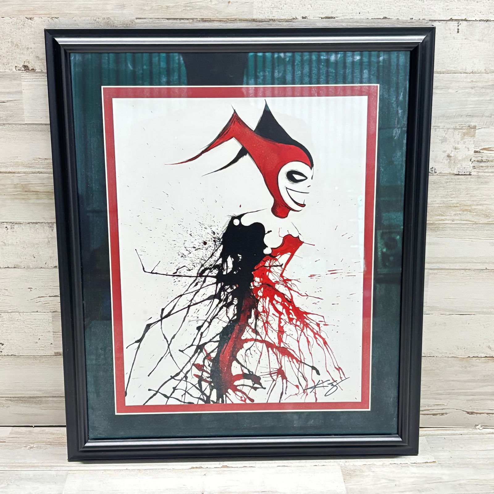 Framed Harley Quinn Abstract Art Print with Signature, Red & Black Ink Style (1 of 6)