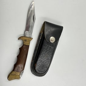Vintage Schrade USA Fixed Blade Hunting Knife with Brass Guard & Wood Handle, Leather Sheath