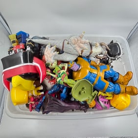 Large Assorted Action Figure & Toy Lot in Storage Bin