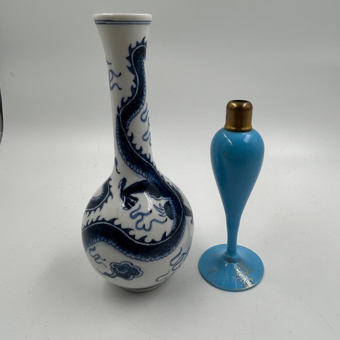 Asian Dragon Vase & Blue Glass Perfume Bottle/Atomizer (1 of 7)