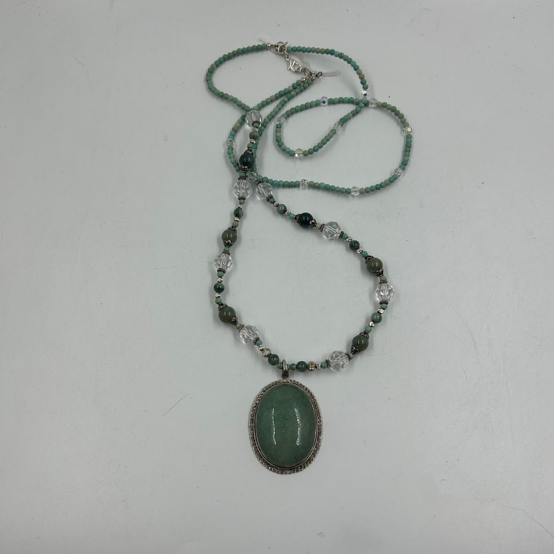 Sterling Silver 925 Necklace w/ Green Stone Pendant, Turquoise & Crystal Beads (1 of 5)