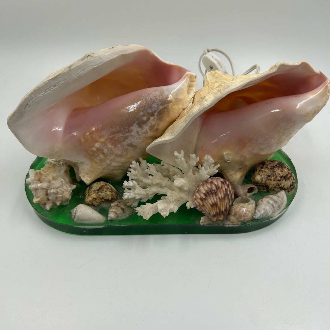 Vintage Large Conch Shell & Shells Marine Table Lamp Green Resin Base Nautical Decor (1 of 9)