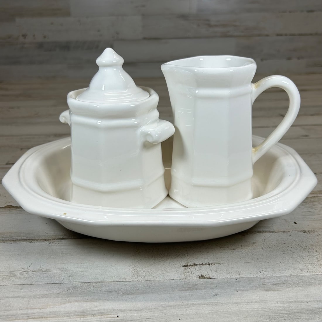 Vintage White Ceramic Octagon Creamer Sugar Bowl & Tray Set Hallmarks Made in USA (1 of 7)