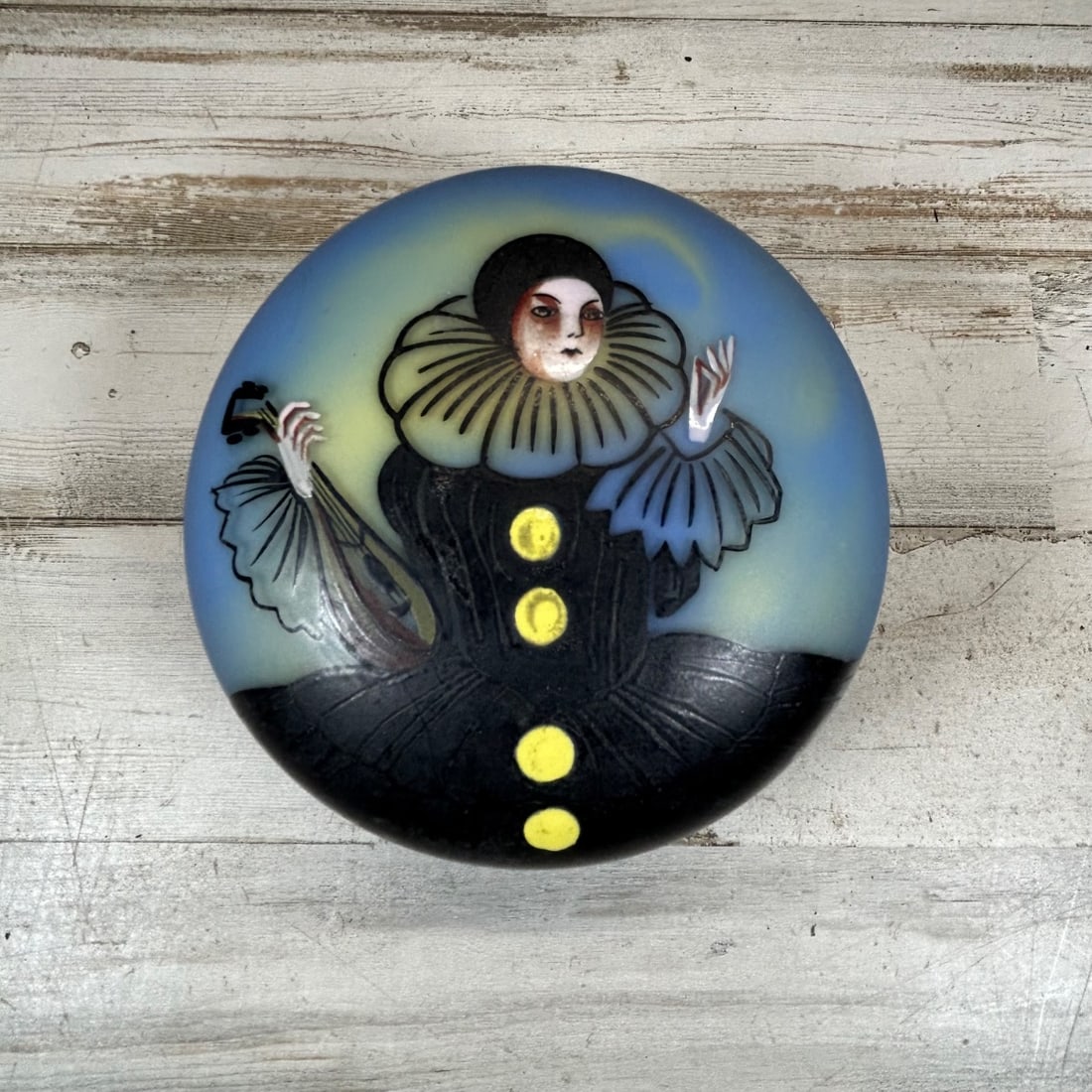 Vintage Hand Painted Carnival Clown Medallion Bowl Dish Blue Art Glass (1 of 6)