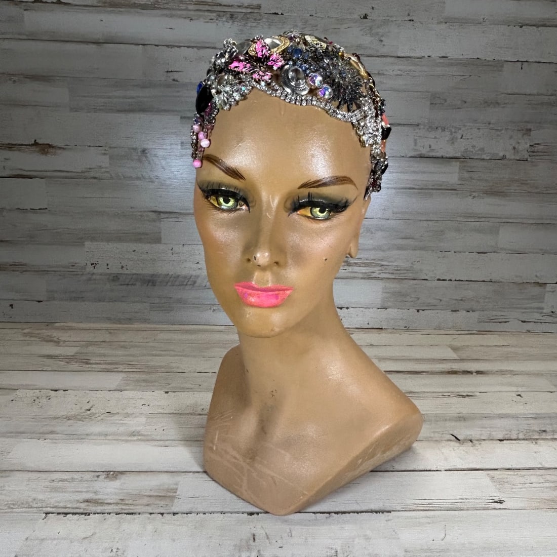 Upcycled Rhinestone & Brooch Embellished Vintage Mannequin Head Display (1 of 8)