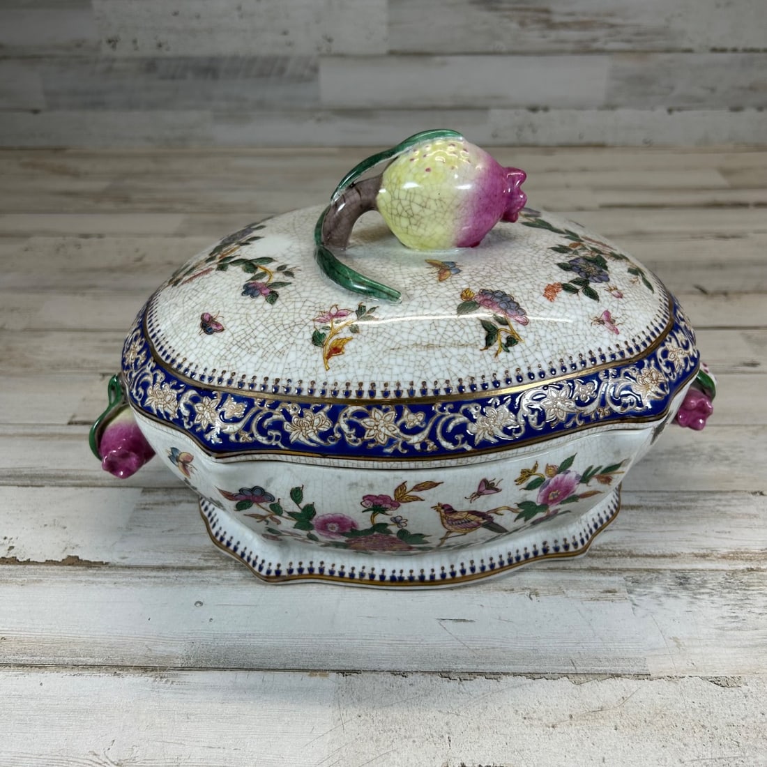 Antique Porcelain Tureen Floral Bird Butterfly Pattern w/ Lid & Fruit Finial (1 of 7)