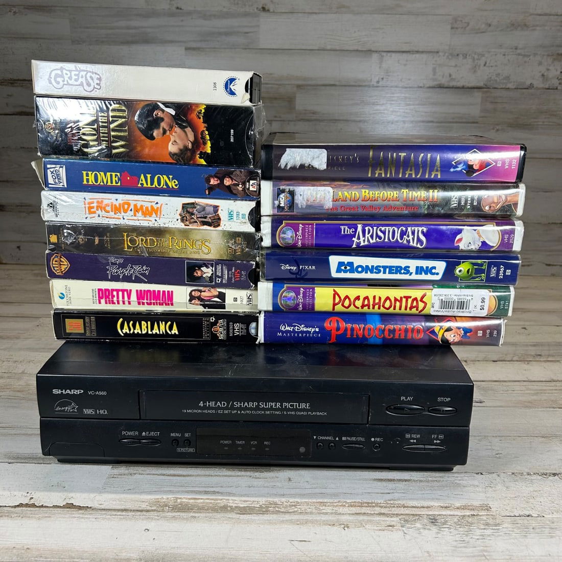 Sharp VC-A560 VCR & Lot of 12 Classic VHS Movies - Grease, Casablanca, Disney (1 of 5)