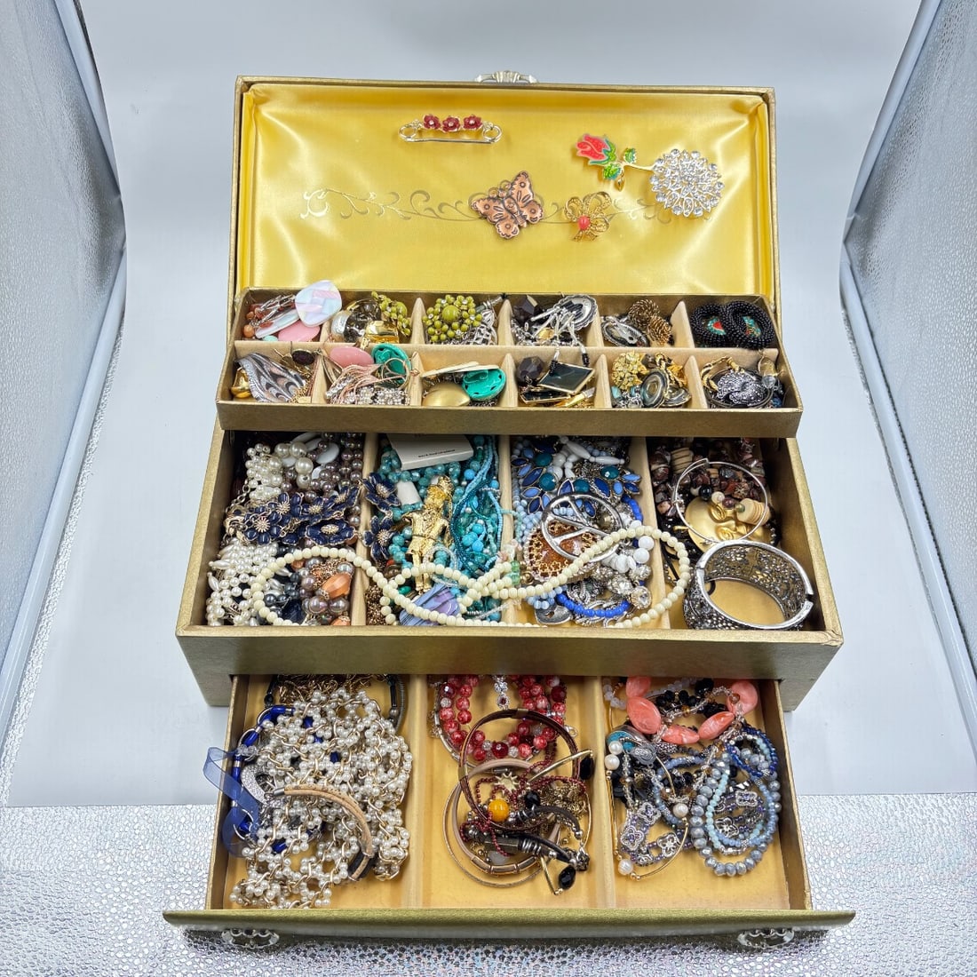 Vintage Jewelry Collection Box with Brooches, Necklaces, Bracelets, Earrings (1 of 9)